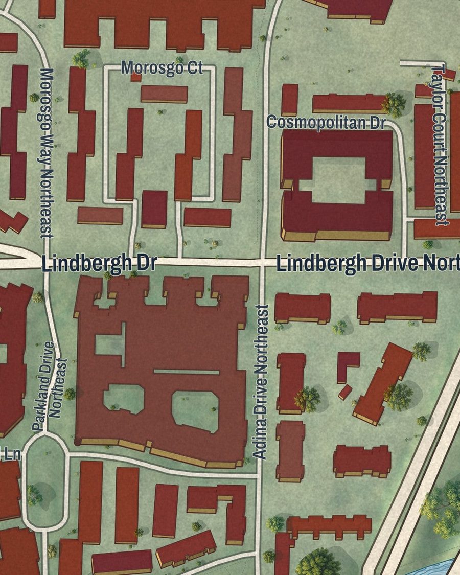 Close-up of Lindbergh-Morosgo streets on the map