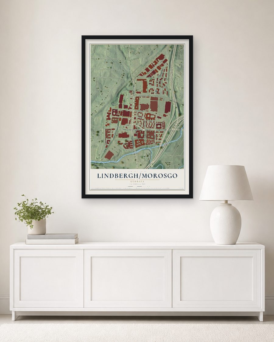 The Lindbergh-Morosgo, Georgia map, 24 x 36 in, in a black wood frame on a living room wall