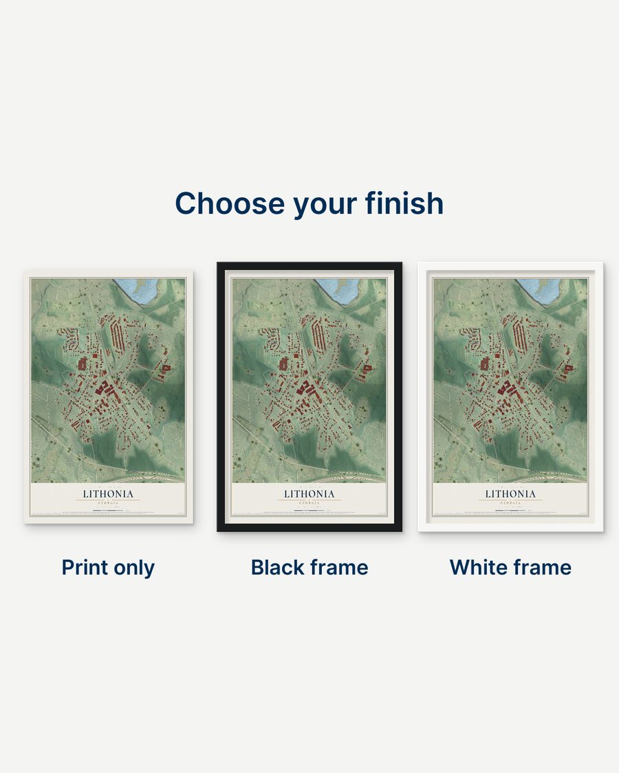 The Lithonia, Georgia map as a print only, in a black frame and in a white frame