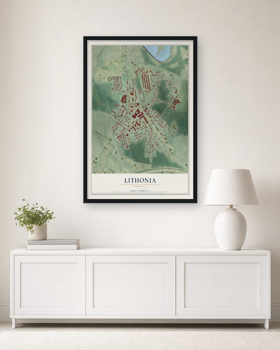 The Lithonia, Georgia map, 24 x 36 in, in a black wood frame on a living room wall