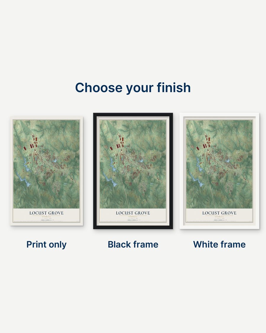 The Locust Grove, Georgia map as a print only, in a black frame and in a white frame
