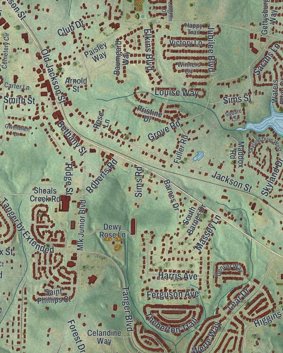 Close-up of Locust Grove streets on the map