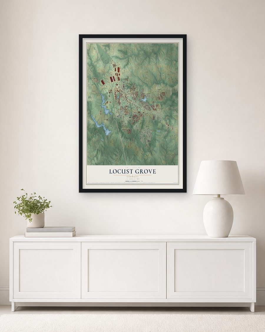 The Locust Grove, Georgia map, 24 x 36 in, in a black wood frame on a living room wall