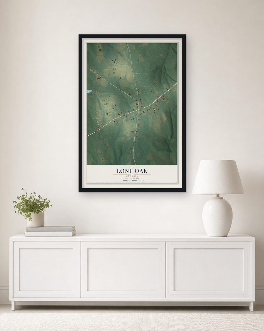 The Lone Oak, Georgia map, 24 x 36 in, in a black wood frame on a living room wall