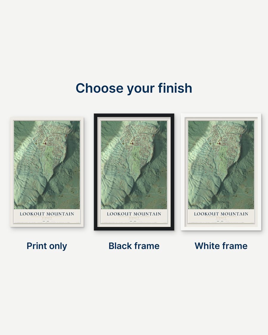 The Lookout Mountain, Georgia map as a print only, in a black frame and in a white frame