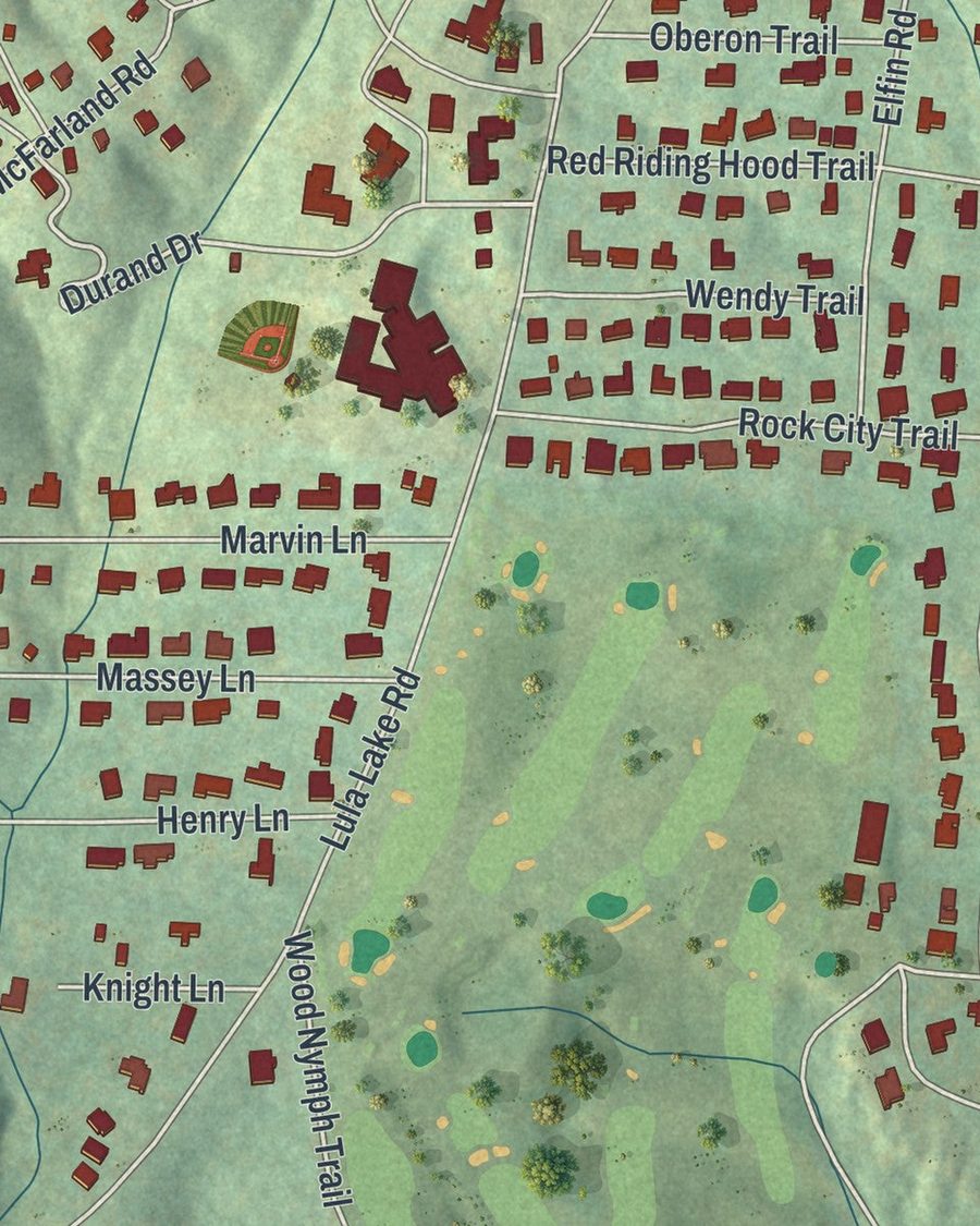 Close-up of Lookout Mountain streets on the map