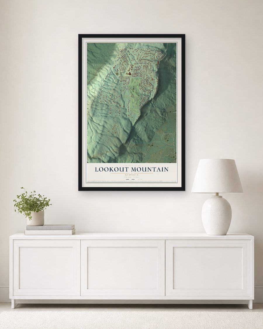 The Lookout Mountain, Georgia map, 24 x 36 in, in a black wood frame on a living room wall