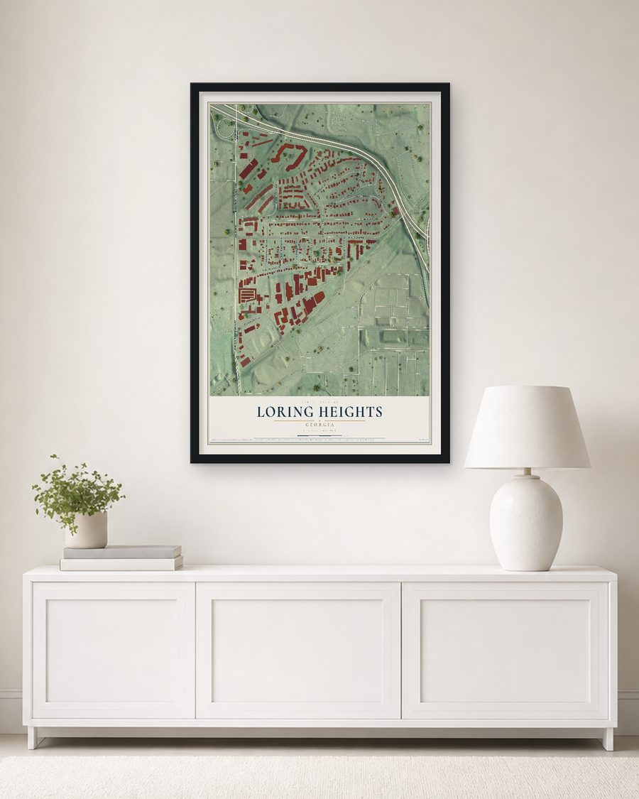 The Loring Heights, Georgia map, 24 x 36 in, in a black wood frame on a living room wall