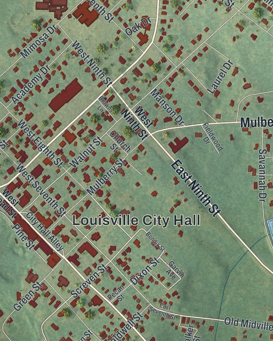 Close-up of Louisville streets on the map