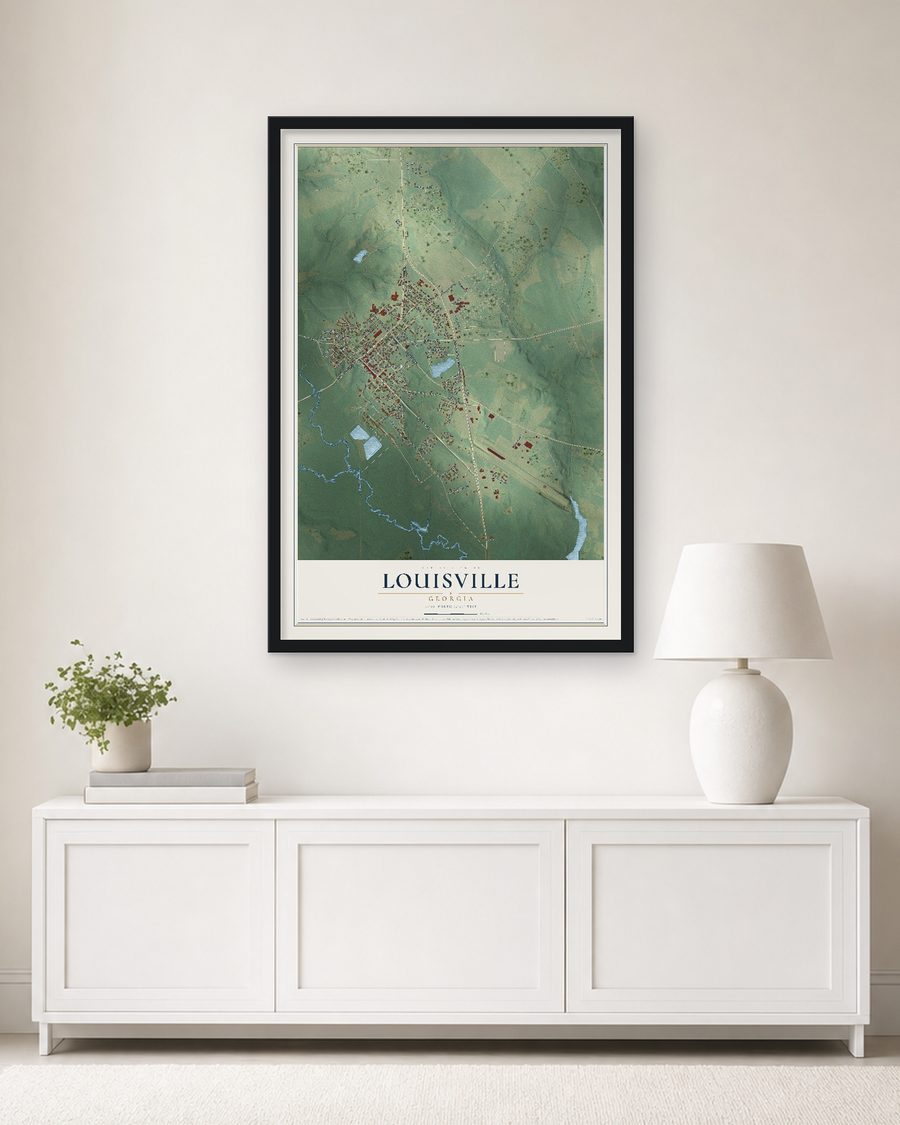 The Louisville, Georgia map, 24 x 36 in, in a black wood frame on a living room wall