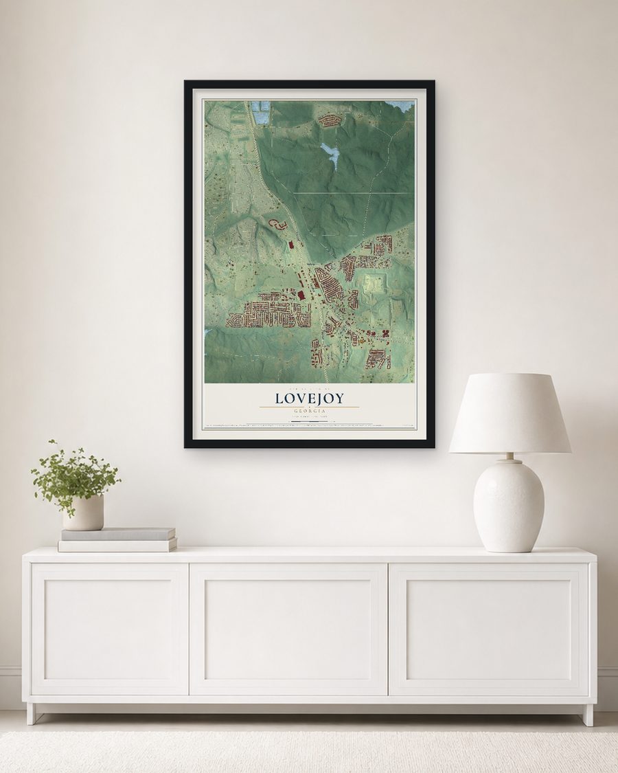 The Lovejoy, Georgia map, 24 x 36 in, in a black wood frame on a living room wall