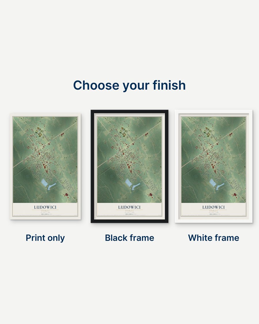The Ludowici, Georgia map as a print only, in a black frame and in a white frame