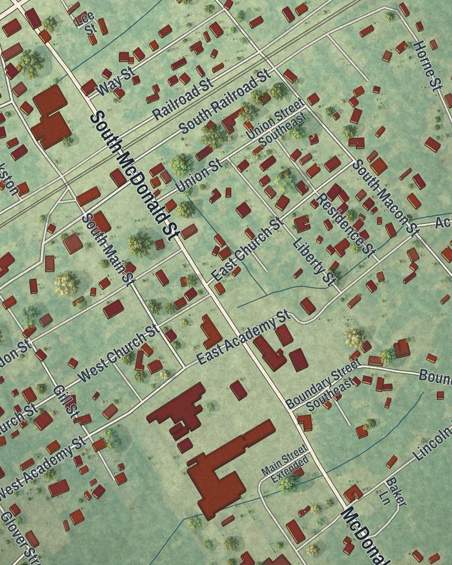 Close-up of Ludowici streets on the map