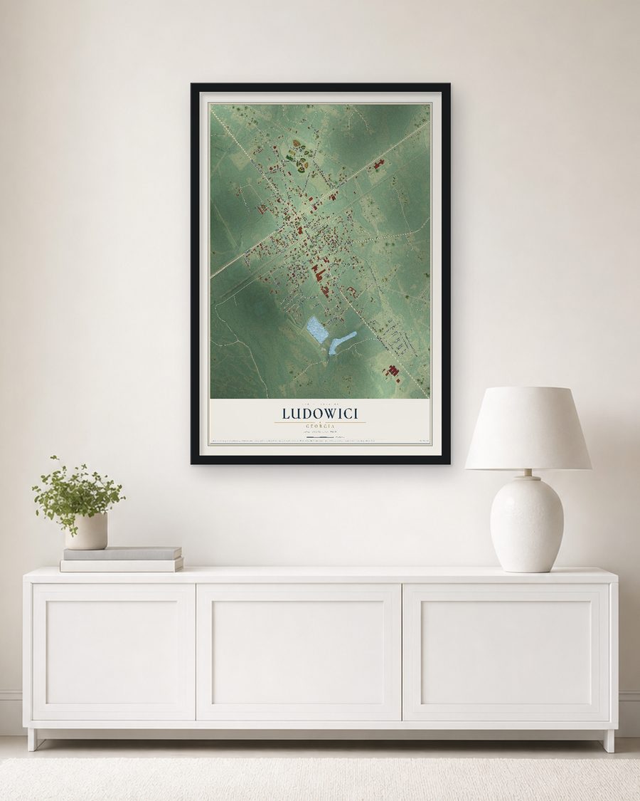 The Ludowici, Georgia map, 24 x 36 in, in a black wood frame on a living room wall