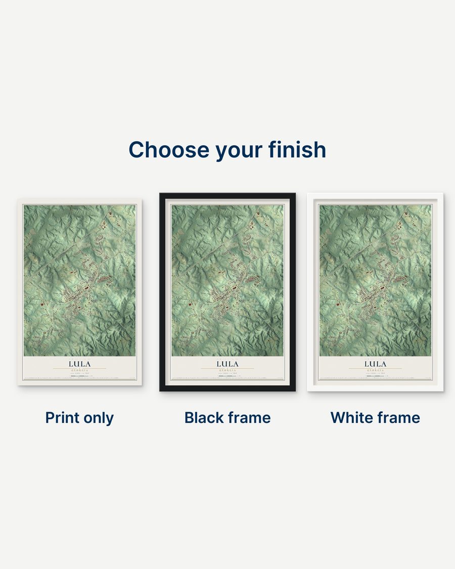 The Lula, Georgia map as a print only, in a black frame and in a white frame