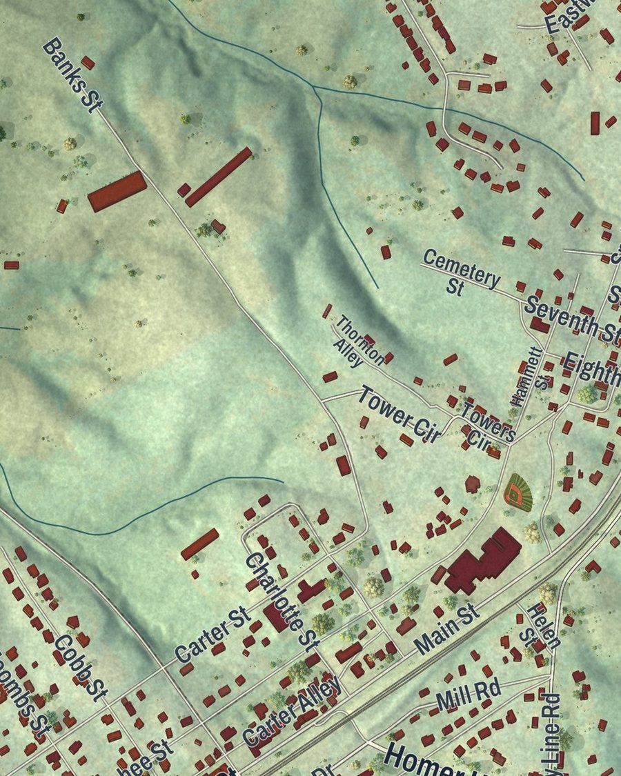 Close-up of Lula streets on the map