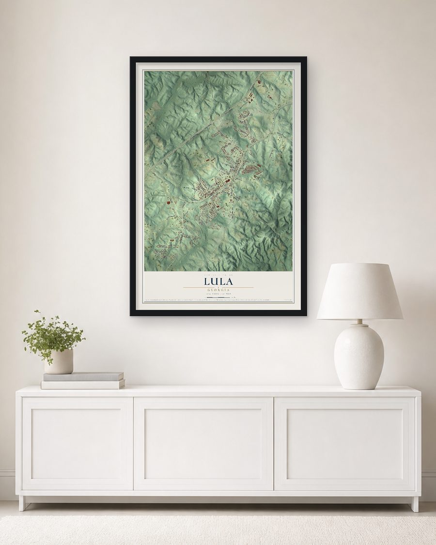 The Lula, Georgia map, 24 x 36 in, in a black wood frame on a living room wall