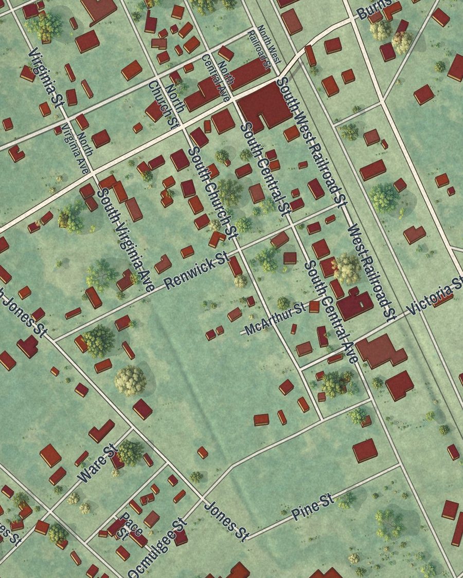 Close-up of Lumber City streets on the map
