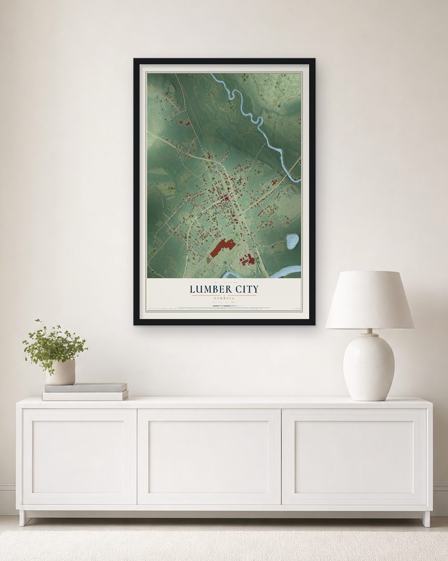The Lumber City, Georgia map, 24 x 36 in, in a black wood frame on a living room wall