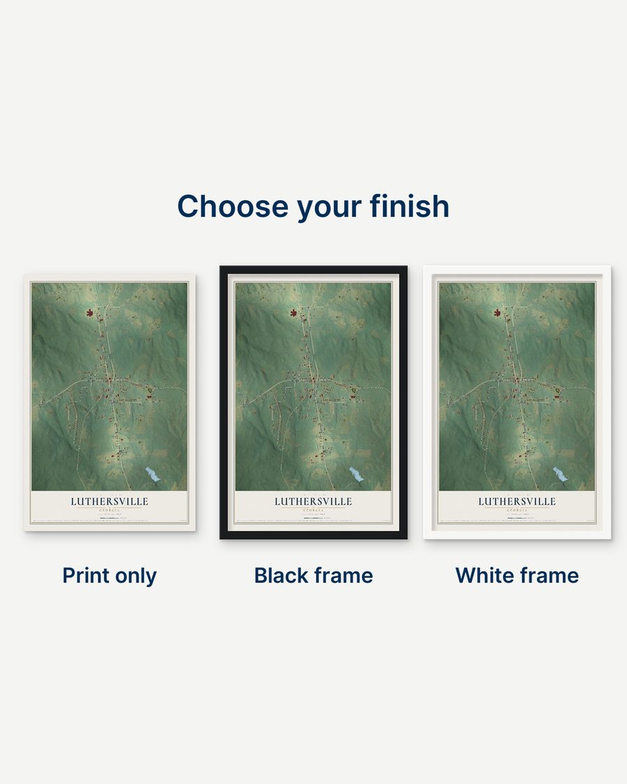 The Luthersville, Georgia map as a print only, in a black frame and in a white frame