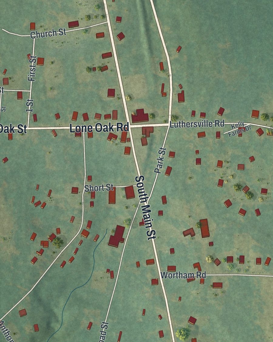 Close-up of Luthersville streets on the map