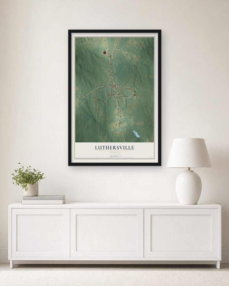 The Luthersville, Georgia map, 24 x 36 in, in a black wood frame on a living room wall