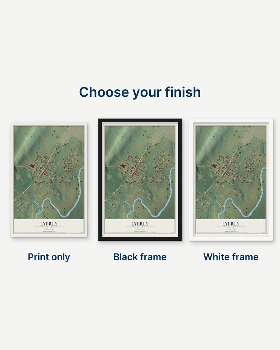 The Lyerly, Georgia map as a print only, in a black frame and in a white frame