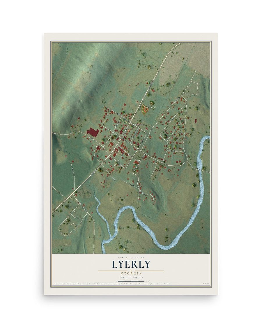 Lyerly, Georgia map print, 12 x 18 in, print only