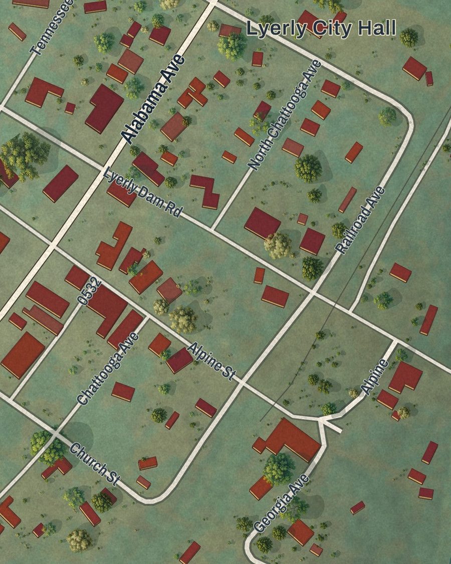 Close-up of Lyerly streets on the map