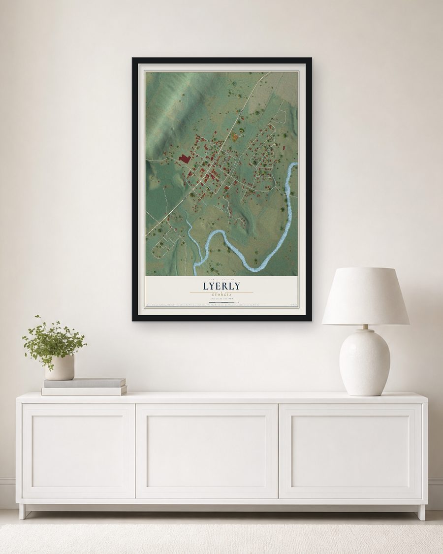 The Lyerly, Georgia map, 24 x 36 in, in a black wood frame on a living room wall