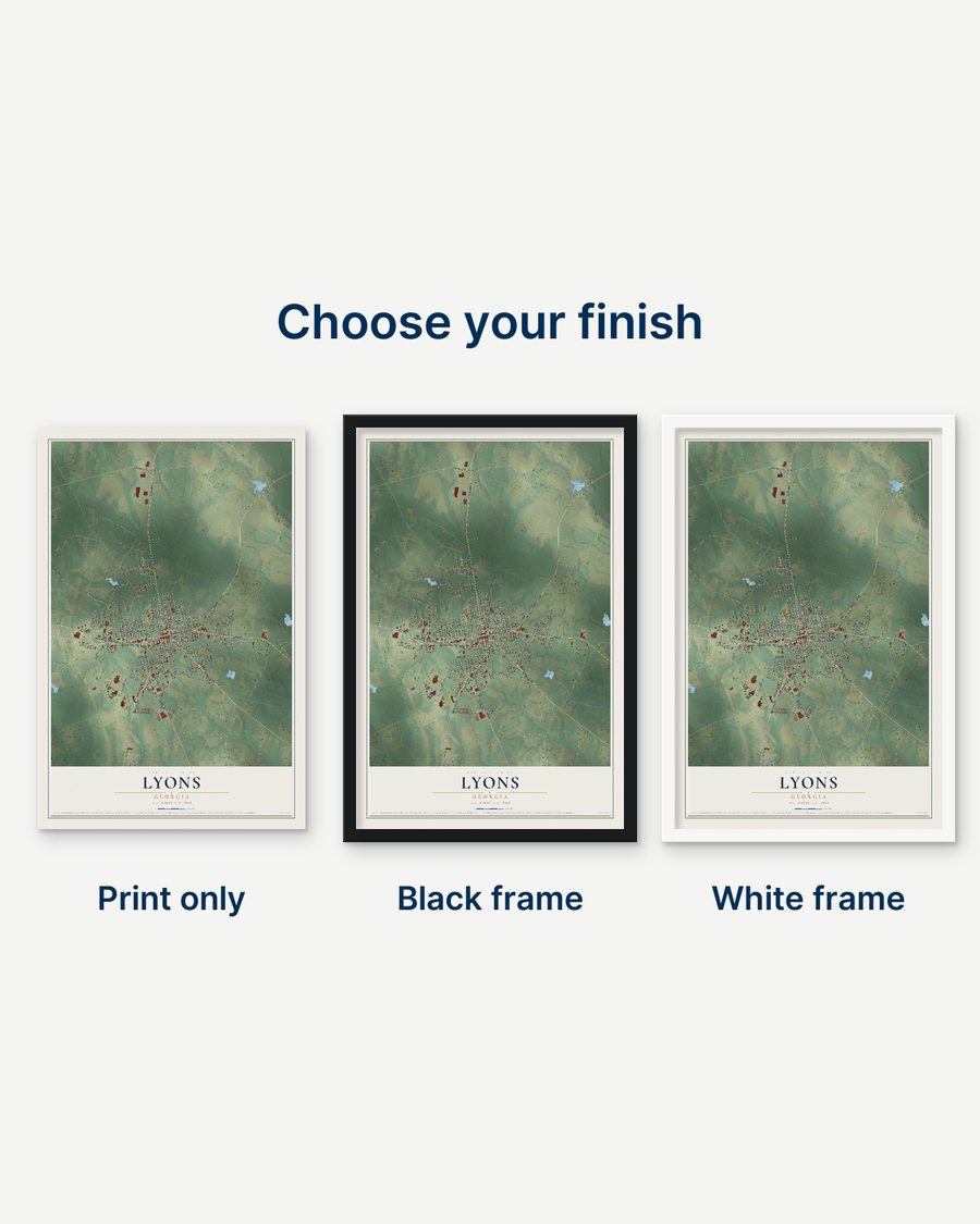 The Lyons, Georgia map as a print only, in a black frame and in a white frame
