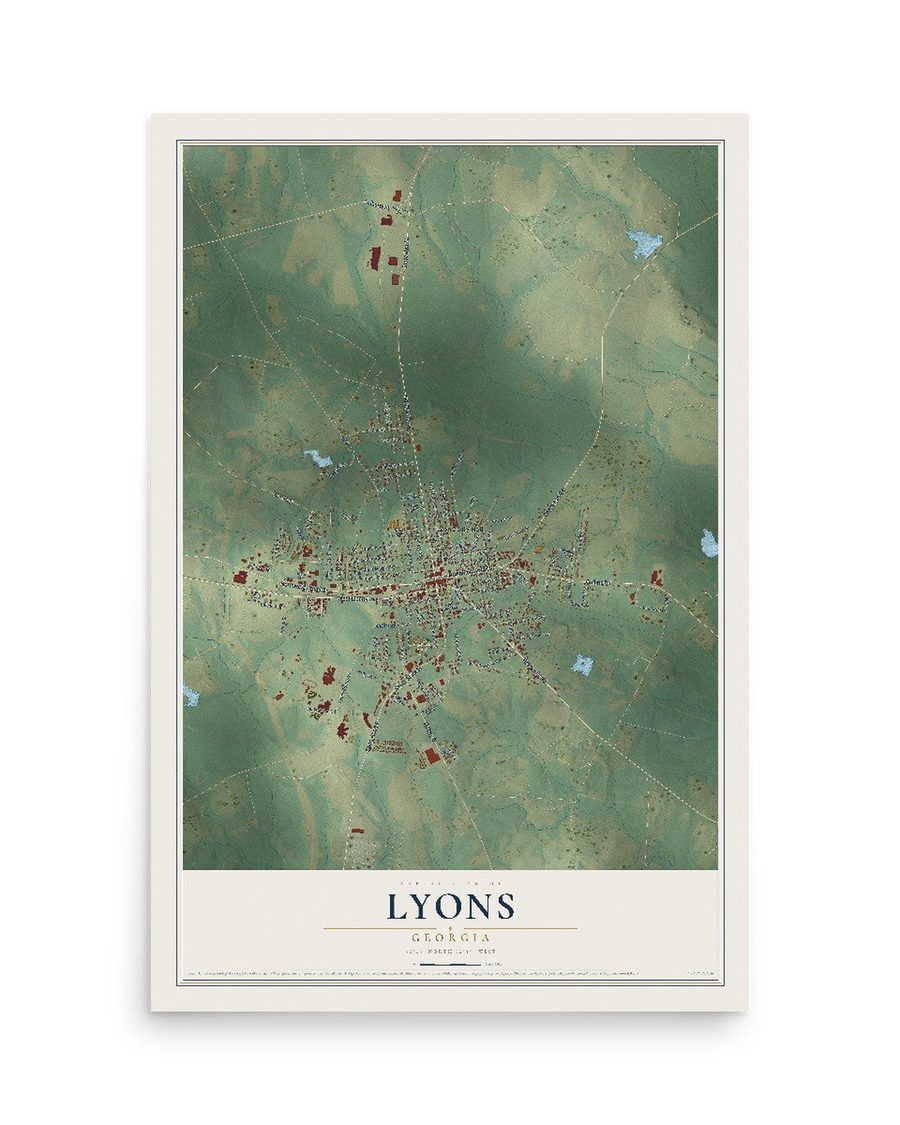 Lyons, Georgia map print, 12 x 18 in, print only