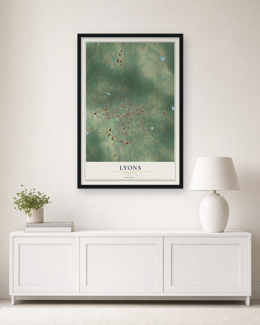 The Lyons, Georgia map, 24 x 36 in, in a black wood frame on a living room wall