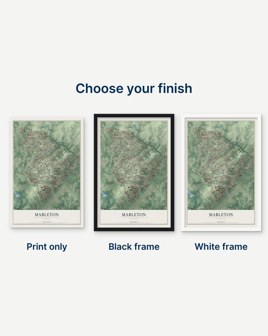 The Mableton, Georgia map as a print only, in a black frame and in a white frame