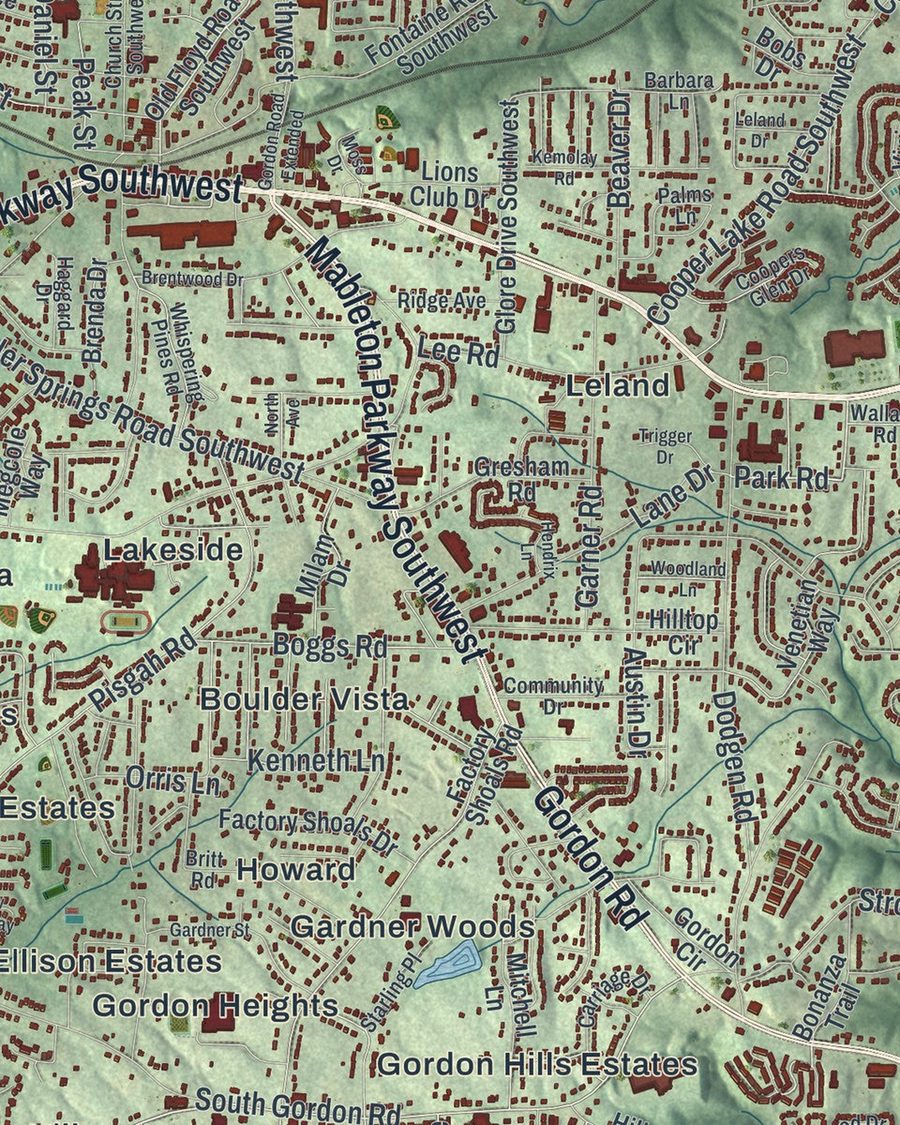 Close-up of Mableton streets on the map