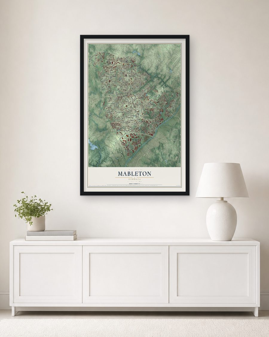 The Mableton, Georgia map, 24 x 36 in, in a black wood frame on a living room wall