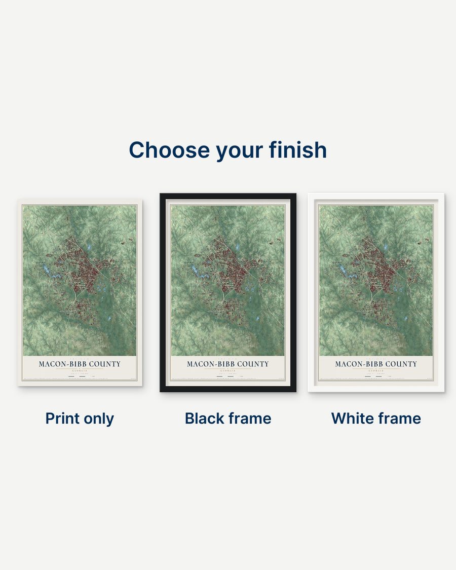 The Macon-Bibb County, Georgia map as a print only, in a black frame and in a white frame