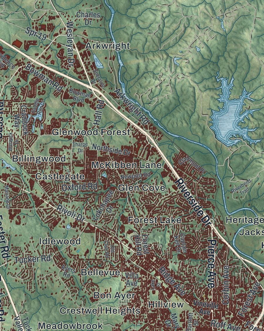 Close-up of Macon-Bibb County streets on the map