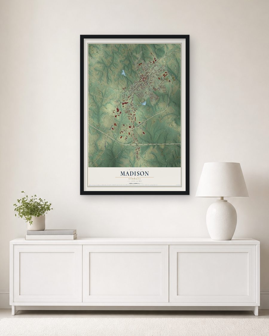 The Madison, Georgia map, 24 x 36 in, in a black wood frame on a living room wall