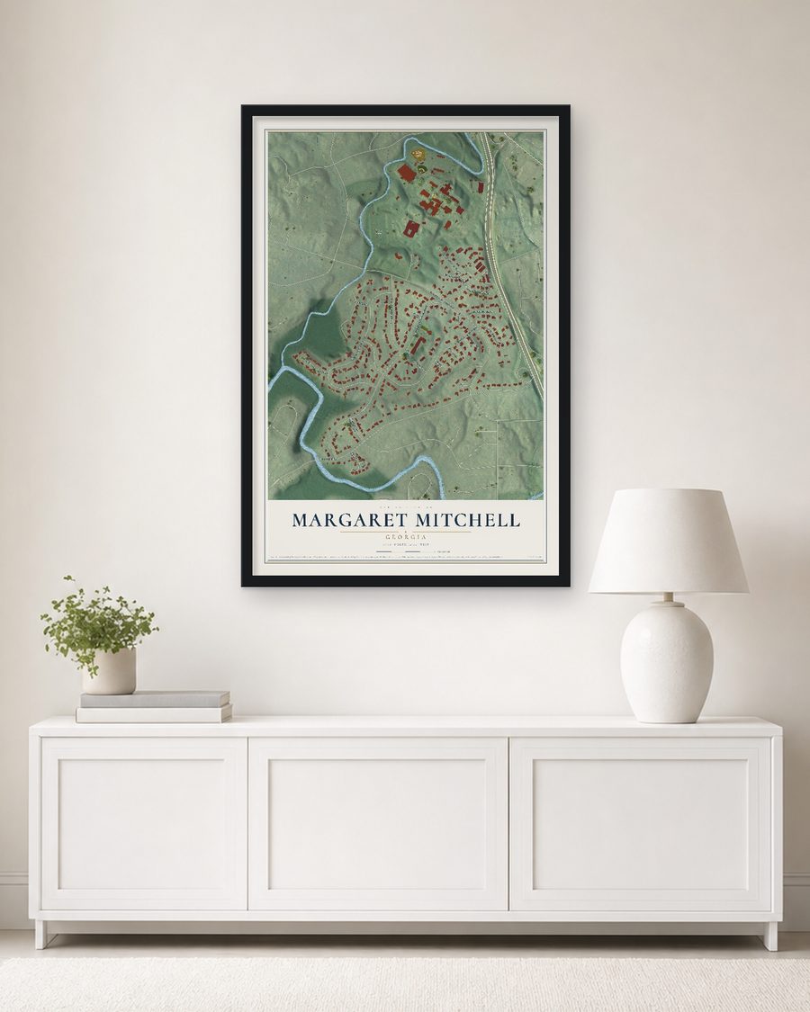 The Margaret Mitchell, Georgia map, 24 x 36 in, in a black wood frame on a living room wall