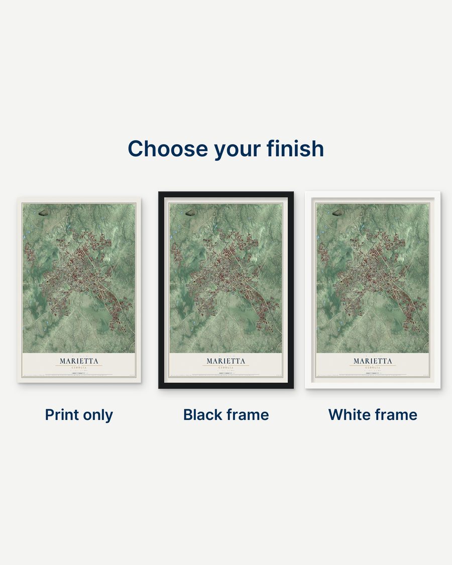 The Marietta, Georgia map as a print only, in a black frame and in a white frame