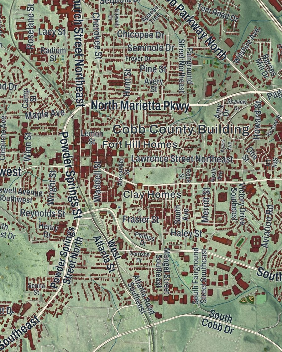 Close-up of Marietta streets on the map