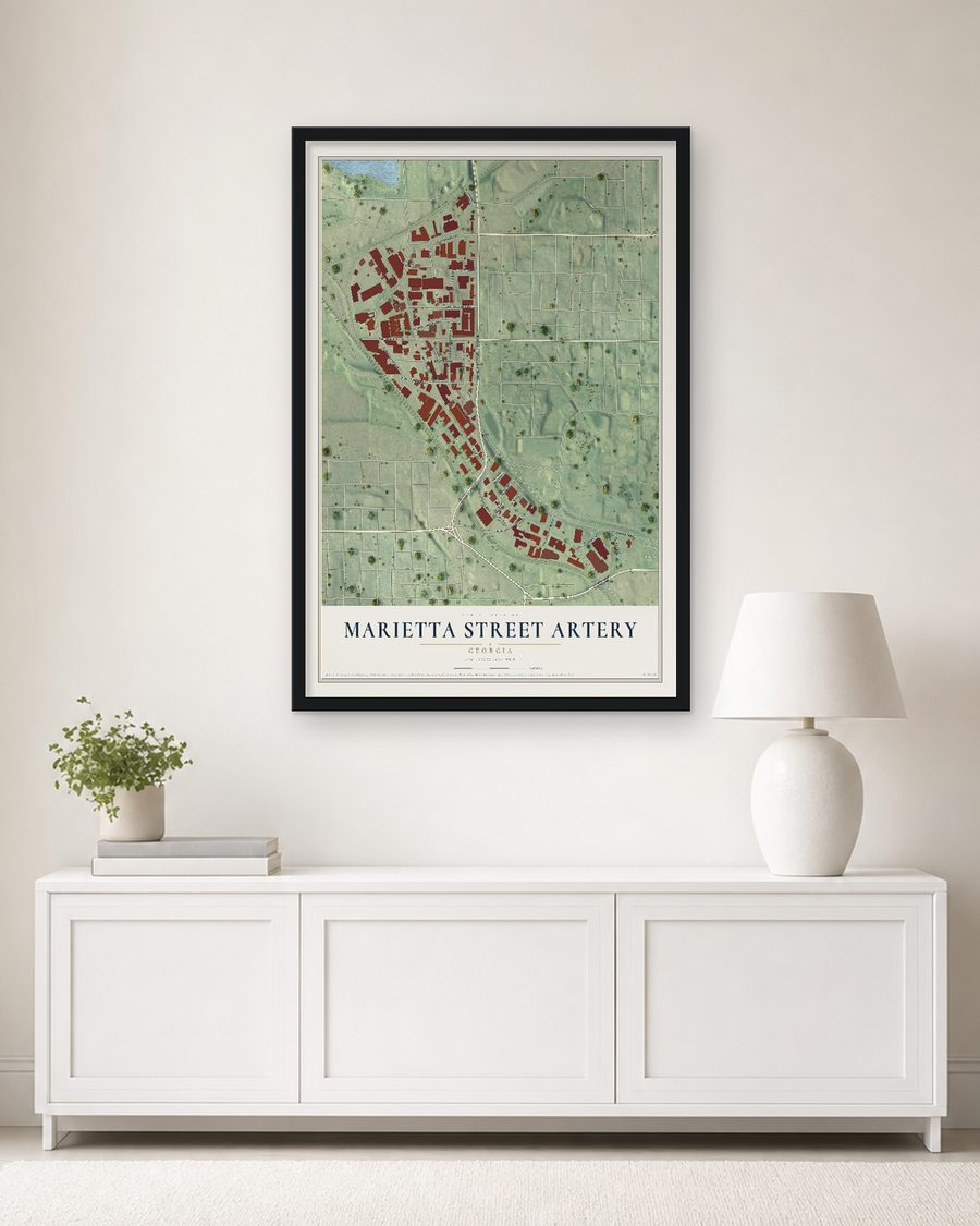 The Marietta Street Artery, Georgia map, 24 x 36 in, in a black wood frame on a living room wall