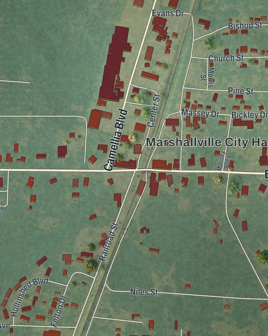 Close-up of Marshallville streets on the map