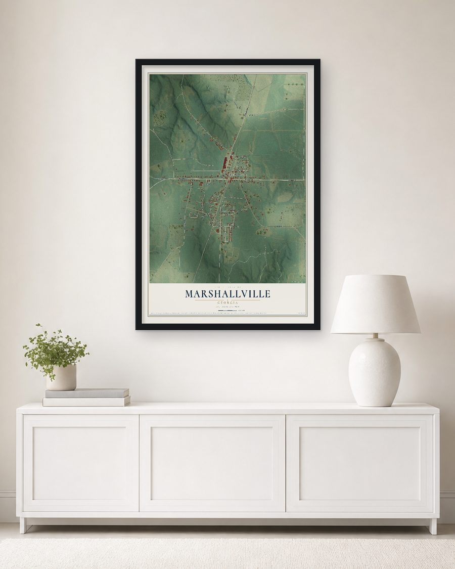 The Marshallville, Georgia map, 24 x 36 in, in a black wood frame on a living room wall