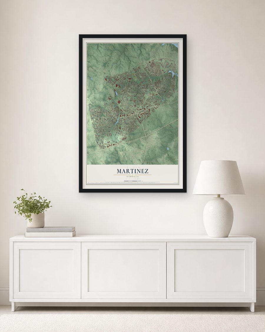 The Martinez, Georgia map, 24 x 36 in, in a black wood frame on a living room wall