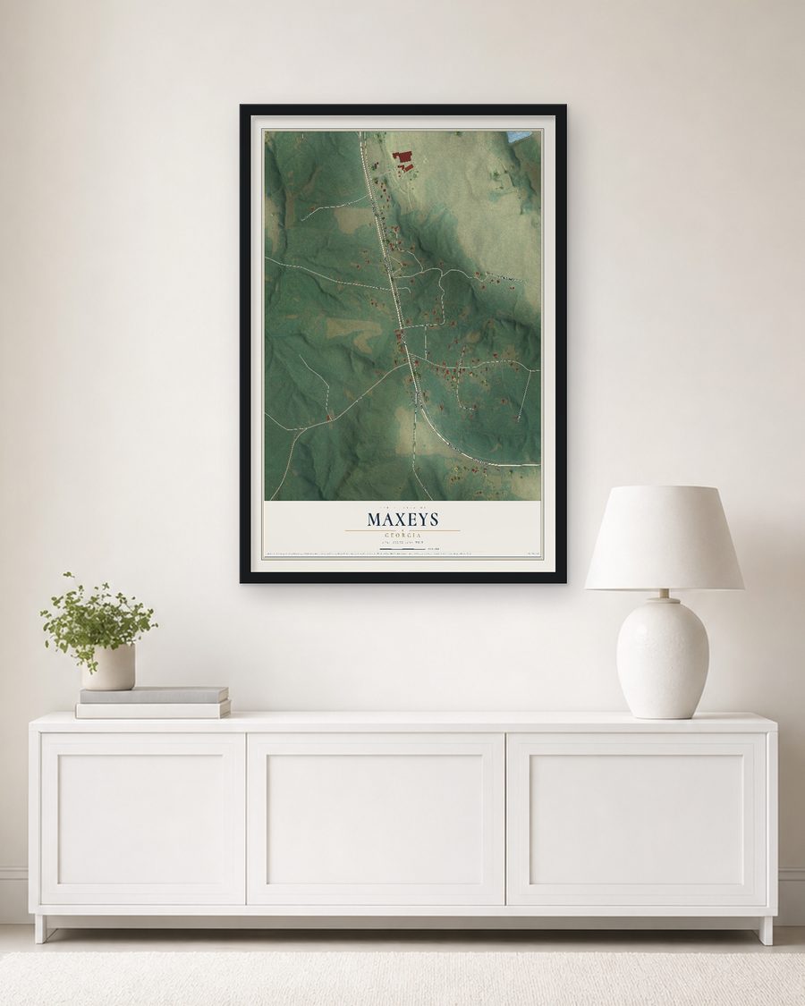 The Maxeys, Georgia map, 24 x 36 in, in a black wood frame on a living room wall