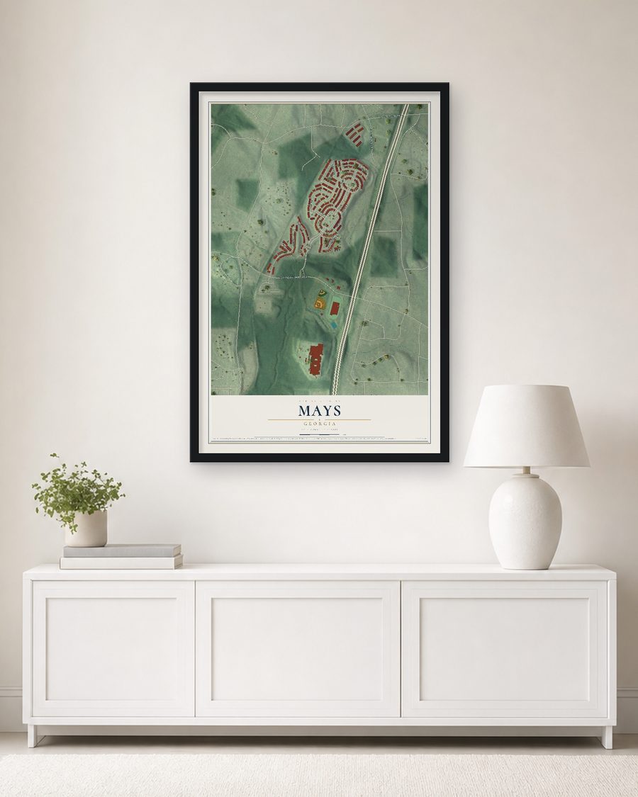 The Mays, Georgia map, 24 x 36 in, in a black wood frame on a living room wall