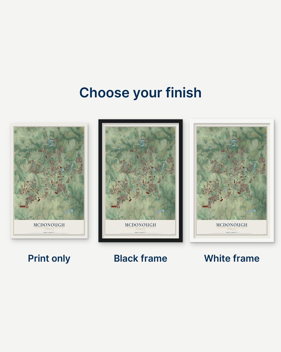 The McDonough, Georgia map as a print only, in a black frame and in a white frame