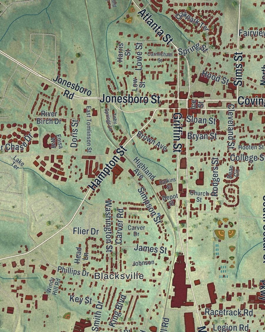 Close-up of McDonough streets on the map
